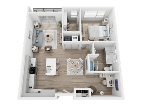 A top-down view of a small apartment layout with a living room, kitchen, and bedrooms.